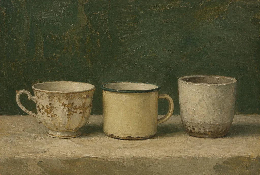 Obra «Tres generaciones»: tres tazas sobre una mesa